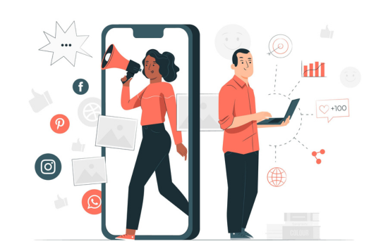 A man and woman stand beside a phone displaying social media icons, representing digital marketing concepts.